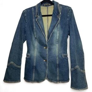 Retro Denim Jacket‎ Western Style Bell Sleeves Distressed Wash Collared Size L
